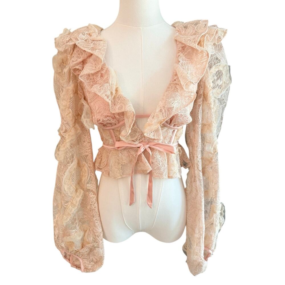 For Love And Lemons Pink Peach Ruffled Sheer Blouse Feminine Sexy Sheer Meredith